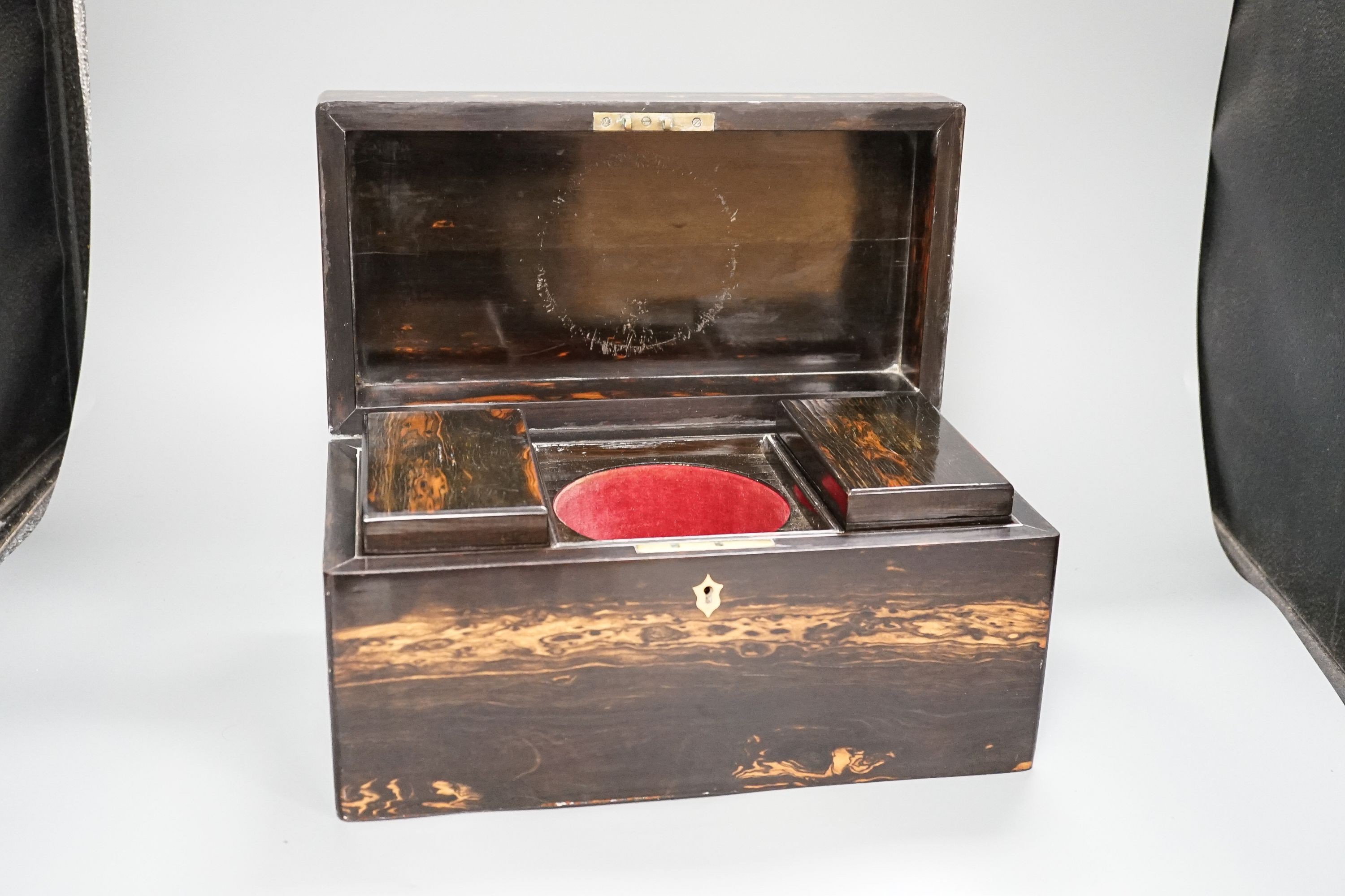 A Victorian coromandel wood tea caddy (lacking mixing bowl), height 17cm